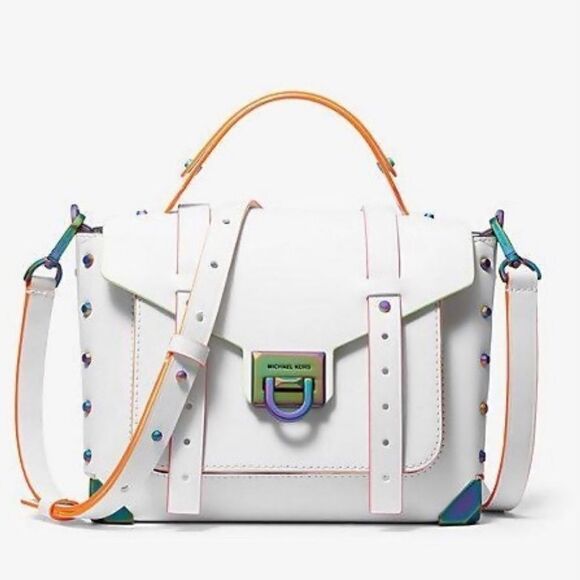 Michael Kors Manhattan Satchel Xbody Leather Messenger Hand bag Purse White - Picture 1 of 12
